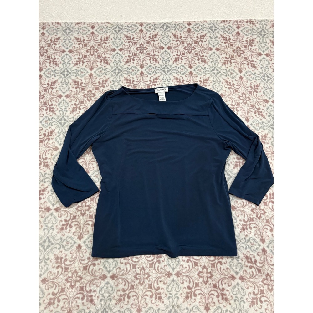 Carmen Marc Valvo Navy Blue Boat Neck Keyhole 3/4 Sleeve Blouse XL RN 93178 - Picture 1 of 7